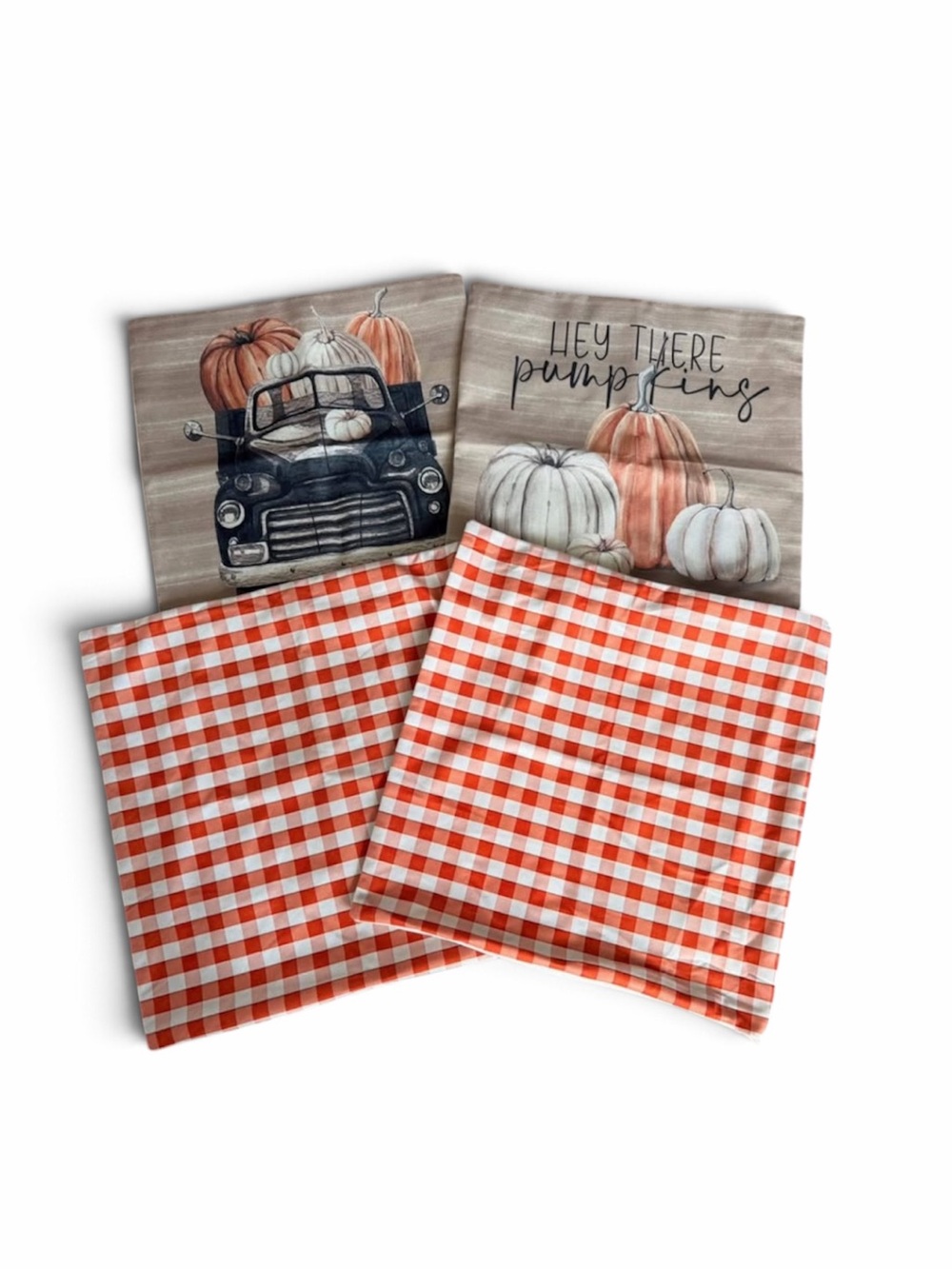 Fall Pumpkin Truck & Gingham Orange Pillow Case Set of 4